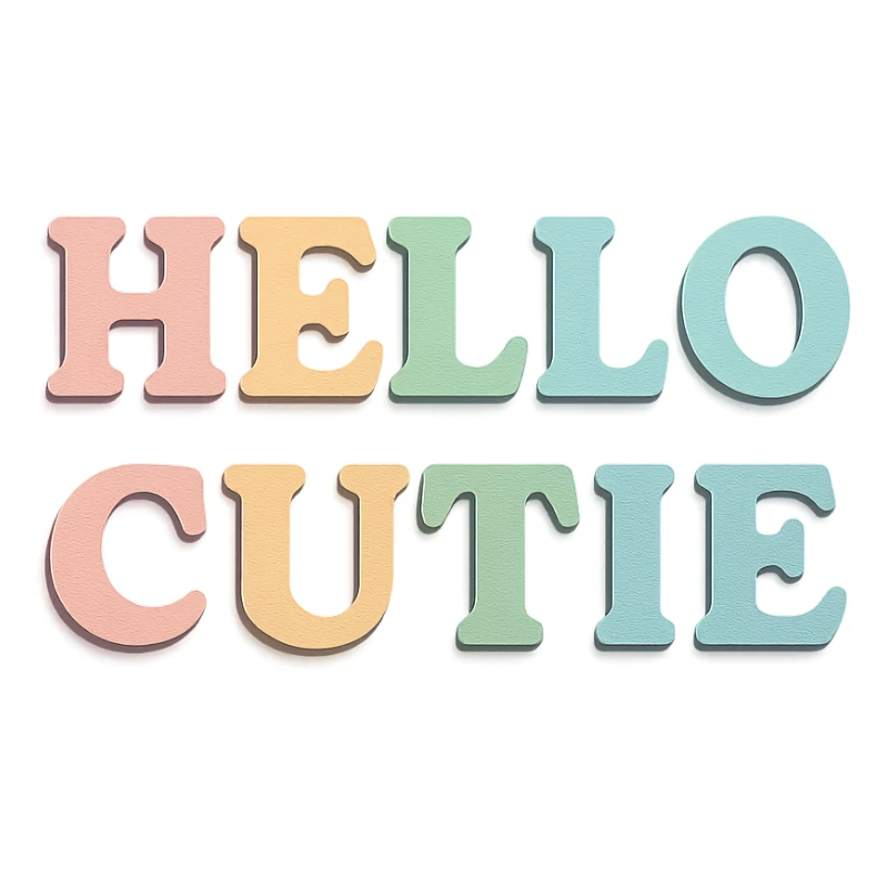 "Hello Cutie" in soft pastel rainbow bold serif font, kawaii, no outline, 3D paper-craft effect sticker