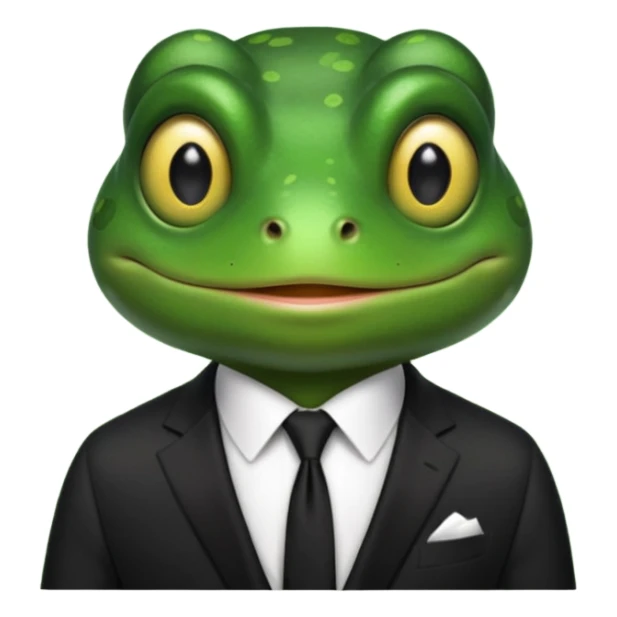 ["Green frog head, dressed in a black suit with a black tie."] sticker