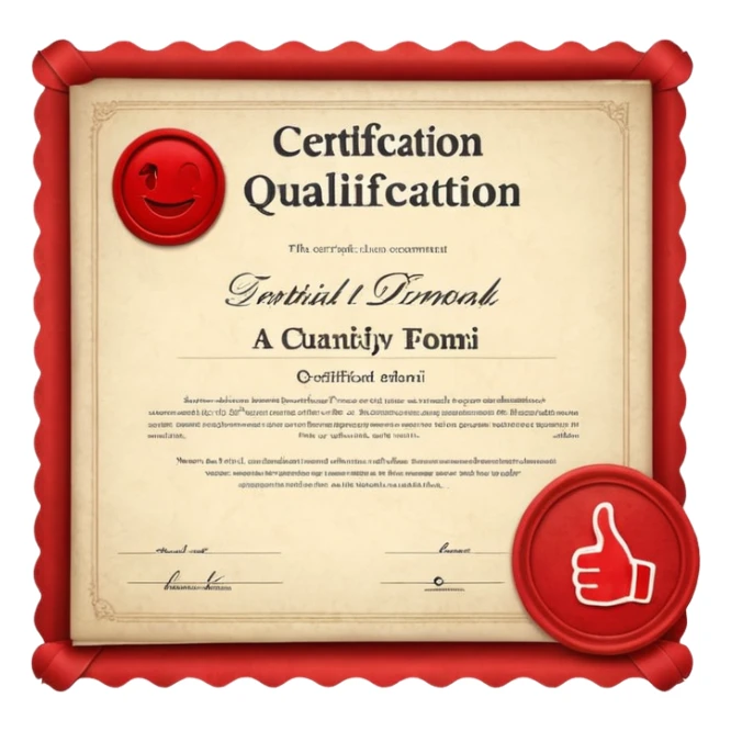 A simple emoji of a certificate document with a seal and a thumbs-up symbol, representing qualification or certification sticker