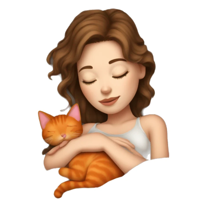 White girl brown hair sleeping on bed with orange kitty sticker