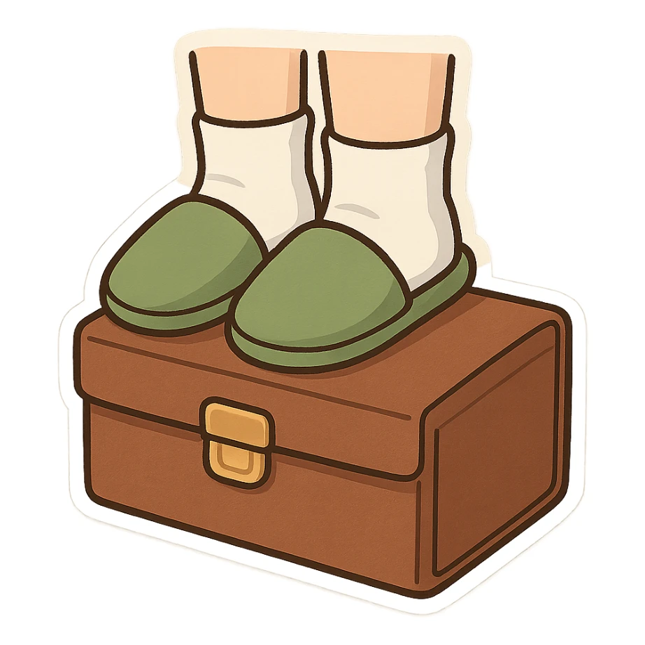 Feet with white socks wearing green house slippers standing on a briefcase sticker