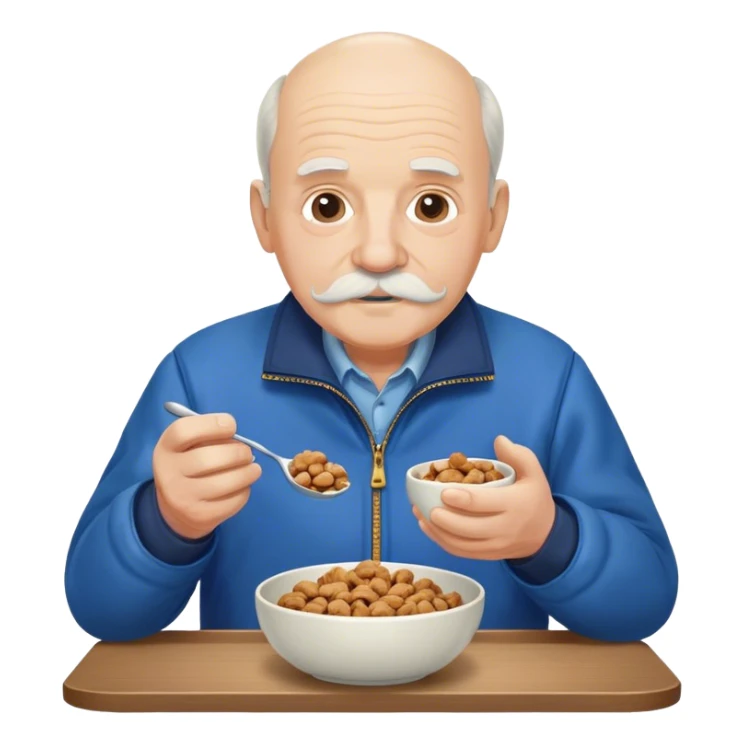 Old White Fat Balding Man with a White Mustache wearing a blue jacket while eating a bowl of Walnuts sticker