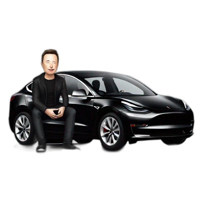 photo-realistic Elon Musk sitting inside an all black Tesla Model 3, side view sticker
