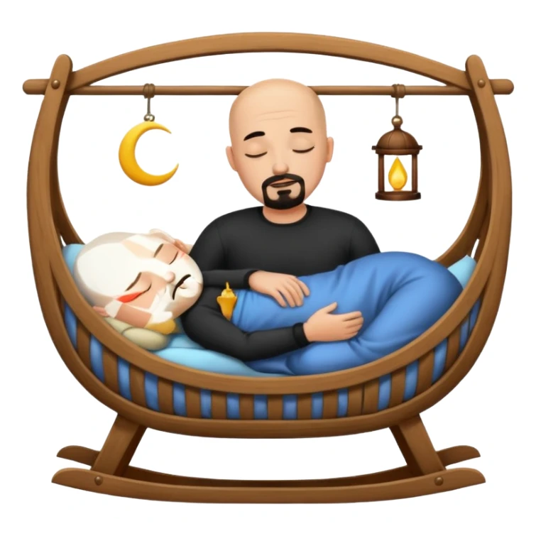 a bald man with a black goatee sleeping in a cradle sticker