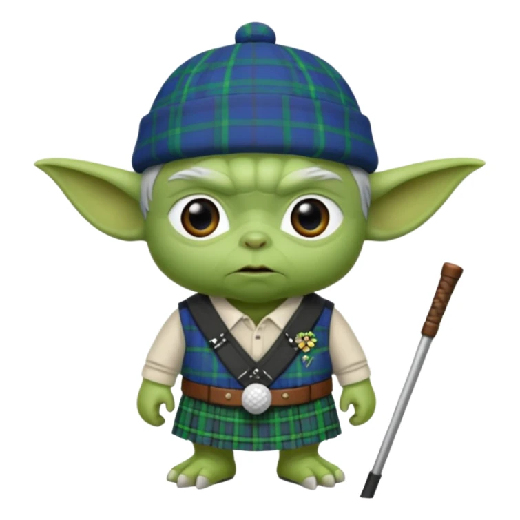 Laird Yoda med kilt och skotsk golfkeps sticker