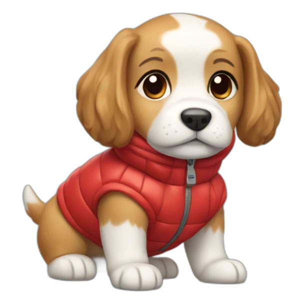 Caramel and white puppy with long hair wearing a red puffer jacket sticker