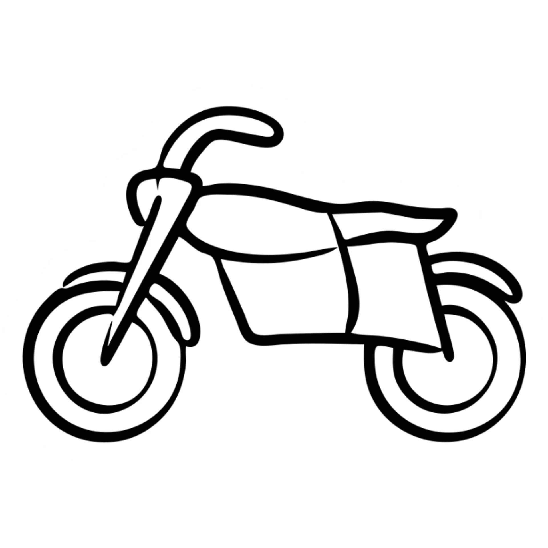 Hand-drawn motorcycle, simple side view with visible wheels, handlebars, and seat sticker