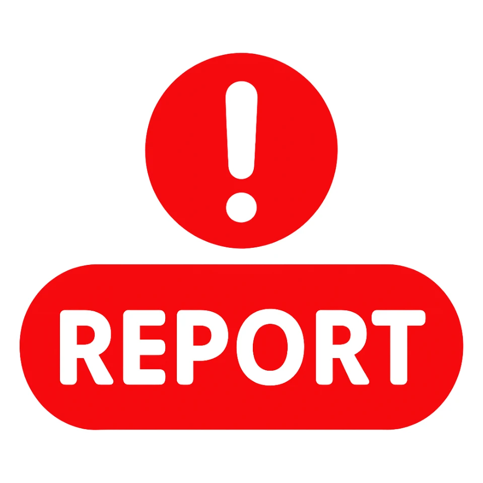 Create a simple, bold, emoji-like red emoji featuring the word REPORT in all caps inside a rounded rectangle. Above it, place a red exclamation mark inside a circle. The style should be inspired by the emoji style of the provided reference image (❗). No background. sticker
