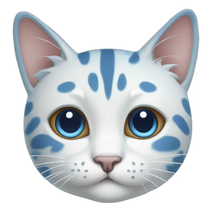 spotted blue and white cartoon cat with a blue right ear, and a spot around the right eye, and the left side is white sticker