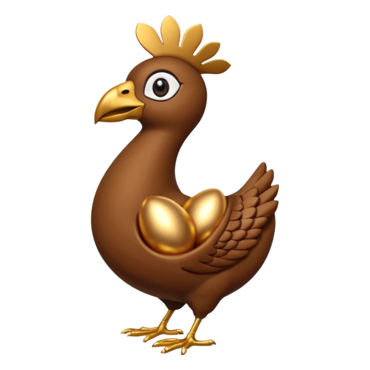 A 3D cartoon Sankofa bird with its head gracefully turned backward holding a golden egg in its beak, symbolizing learning from the past, single bird in frame, gold and brown tones, clean black background, Memoji-style rendering sticker