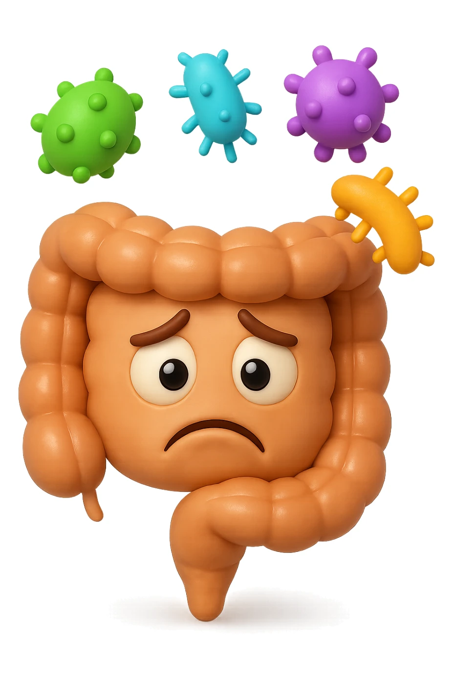 EMOJI STILE IPHONE 3D DI INTESTINO 3D CON ESPRESSIONE TRISTE  IN VOLTO MENTRE SOPRA LUI FLUTTUANO BATTERI, FAGLI ANCHE LA PARTE BIANCA DEGLI OCCHI, NON SOLO LA PUPILLA sticker