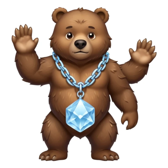 Fierce brown bear walking on four paws with an ice chain necklace, frozen chain links made of crystal clear ice, serious face sticker