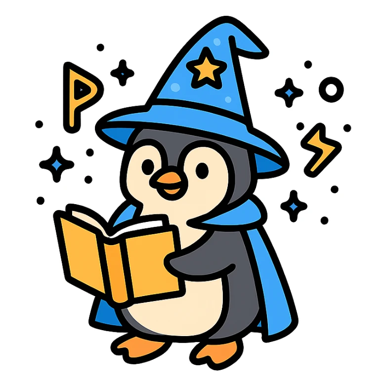 a playful penguin wizard holding an open spellbook, with magical runes floating around, vibrant modern icon style sticker