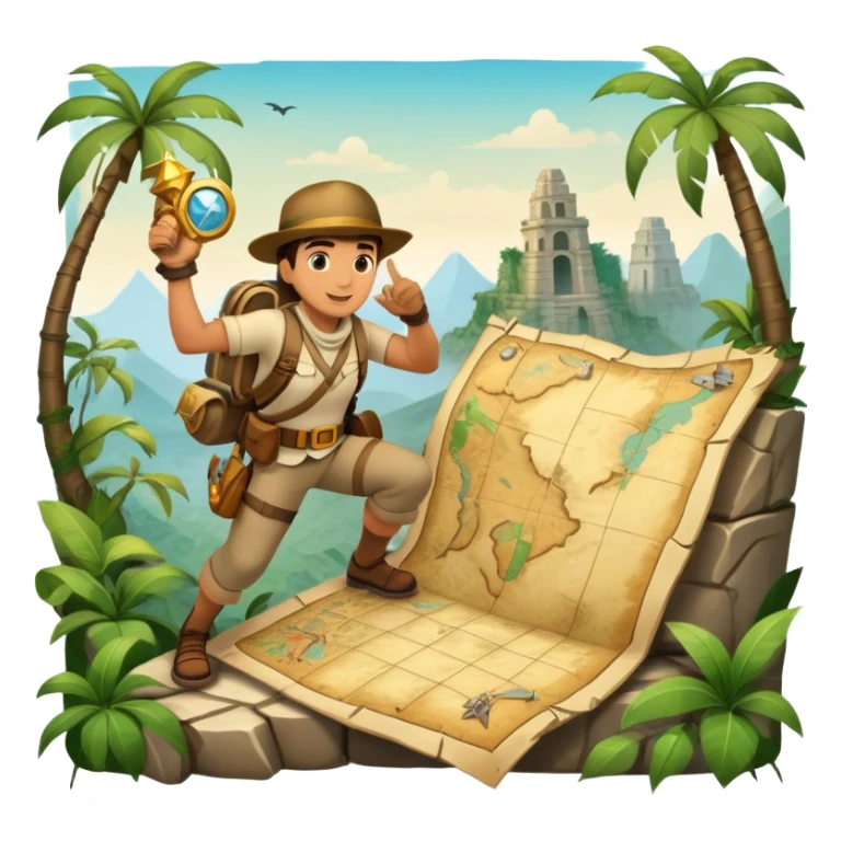 An icon featuring an adventurer in a dynamic action pose with treasure map, ancient ruins and jungle landscapes in the background. The design includes clues, hidden passages and climbing gear, symbolizing the thrill of exploration and discovery. Transparent background. sticker