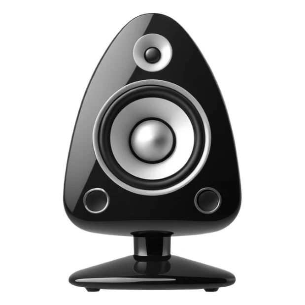Single black desktop speaker with glossy front, one large white cone with black center, small volume knob, clean white background, studio product photo. sticker