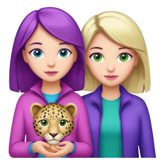 I want a brunette girl who really likes pink and leopard print, another blonde with blue eyes who likes blue, and another with light brown hair, green eyes, and purple and green colors. All together.   sticker