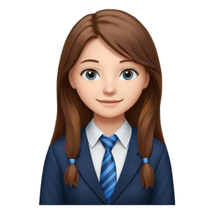 high school class room with a pretty female high school student with long brown hair, blue eyes, wearing a tie, sitting in front of the blackboard sticker