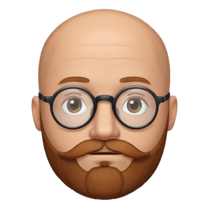 emoji 32-year-old white man, bald with a chestnut beard and mustache, small head with round black glasses. sticker