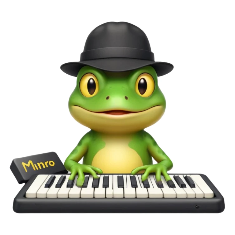A meme frog with ironic face and a keyboard in one hand wearing yellow hat with black miro branding logo sticker