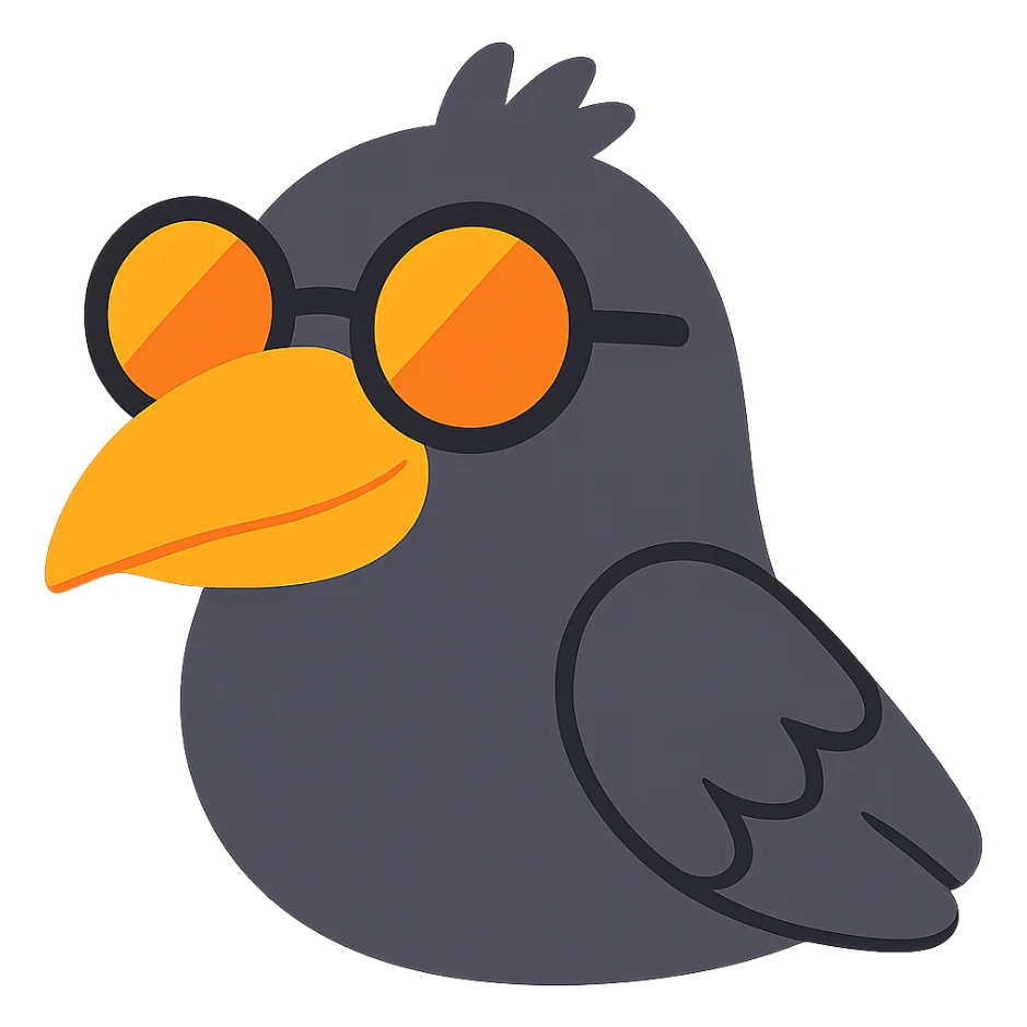Make the bird emoji even less realistic—more cartoonish and simplified, but keep the same pose, orange beak, and round sunglasses. Minimal feather texture, smooth shading, and a playful look. Bird looking to the left. No background. Maintain the style of the original bird emoji but make it more cartoonish and simplified. sticker