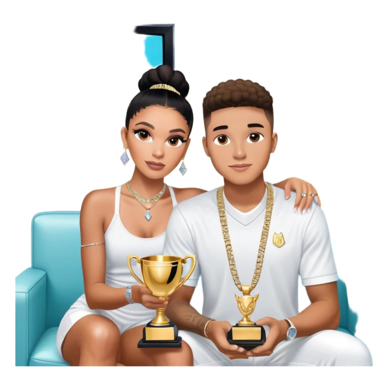 Internet celebrity Josh King Madrid jetset wearing shiny diamond earrings and sparkly iced out diamond tennis necklace chains with Instagram model girl tefi valenzuela sitting with him holding gold internet celebrity trophy on tv show in Miami sticker