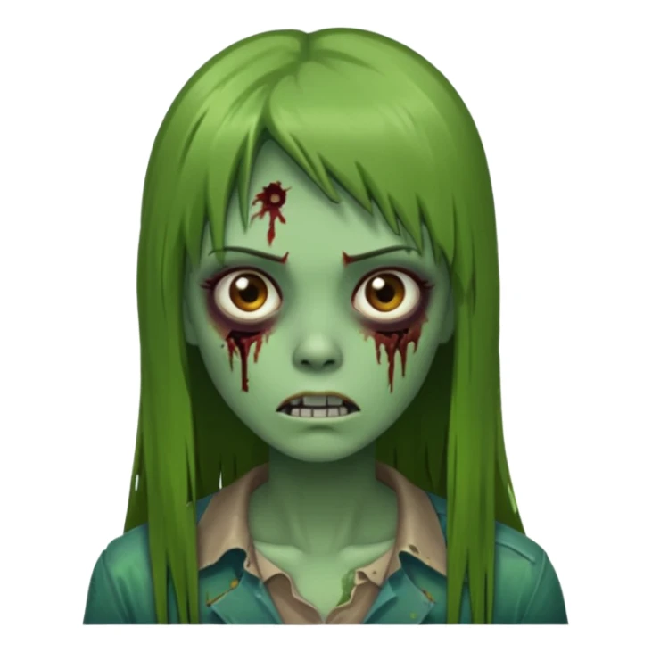 Zumbi feminino, de pele verde, cabelo marrom, longo, liso e castanho com franja reta sticker