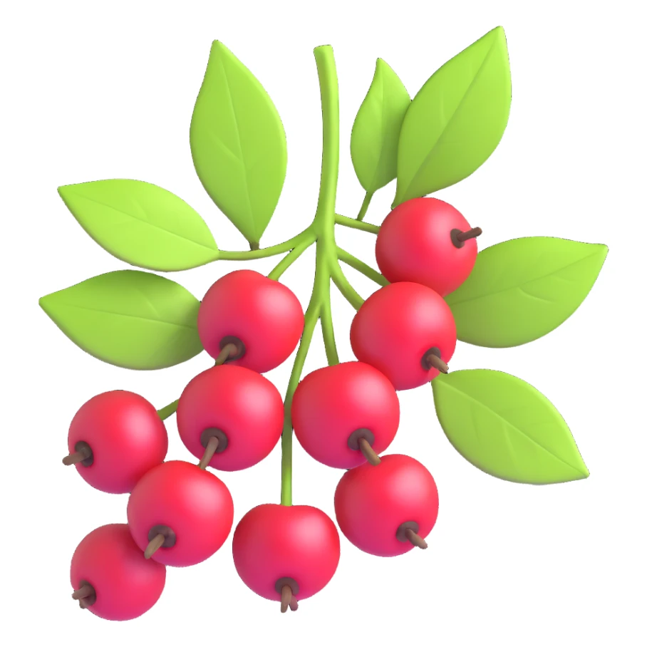 Prunus mahaleb cherry branch with berries and leaves, 3D iOS style, harmony of realism and cartoon, bright colors, clean background sticker