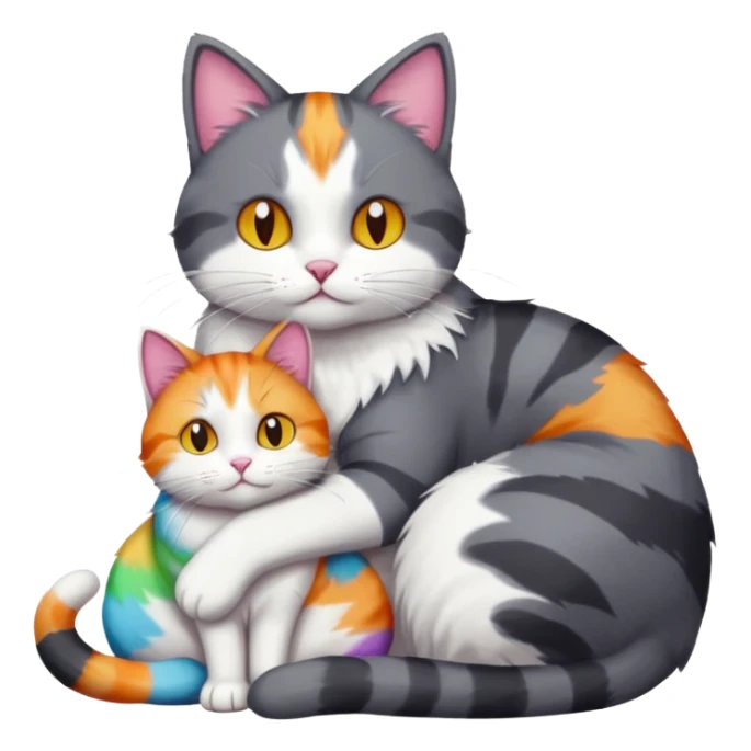 full body large dark grey and white cat cuddling a colourful light patched calico + white tabby cat  sticker