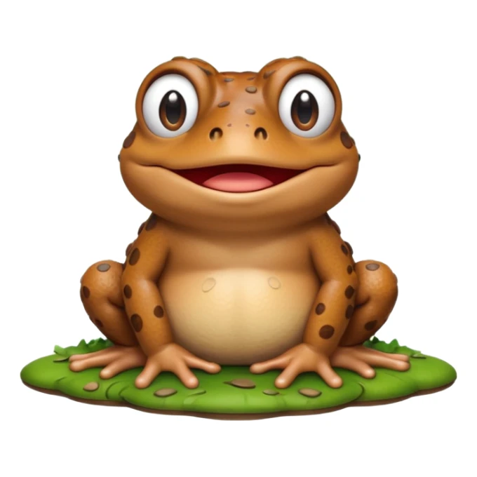A 3D cartoon toad sitting on damp ground, bumpy brown skin, wide mouth, gentle expression, soft light and clean background, Memoji-style. sticker