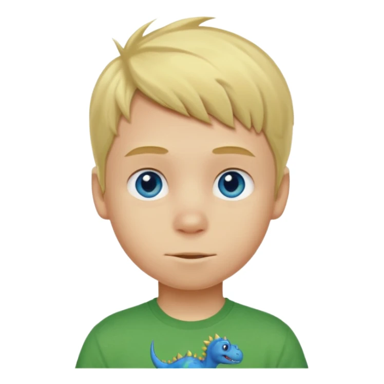 A blond boy with blue eyes wearing a green dinosaur T-shirt sticker