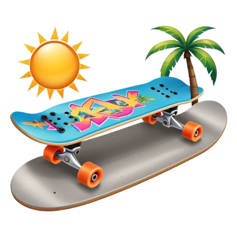 An icon featuring a skateboard resting on a smooth concrete surface. The background shows a sunny skate park with ramps, graffiti walls, and palm trees, creating an urban vibe. The skateboard is designed with vibrant colors and unique graphics. Transparent background  sticker