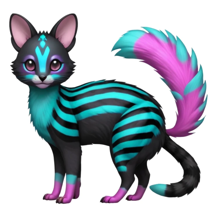 Hyper-realistic Black-coated with glowing random cyan and magenta markings divine beautiful elegant pretty precious cute young youthful  Fakémon-Pokémon-alien-opossum-feline-serval-caracal-chinchilla-Minccino-hybrid-creature with a big fluffy bushy striped tail (full body) sticker