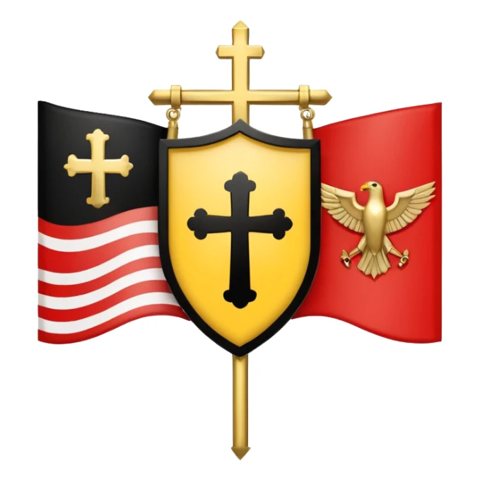 Flags: There are four flags, two on the top and two on the bottom, in the black and gold (yellow) quarters. Each flag features a gold Coptic cross.: In the center, there is a white shield or banner with a red eagle or bird, 
 sticker