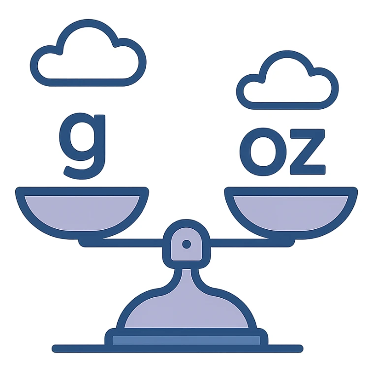 icon representing grams to ounces conversion, simple, clear, with a scale or balance, metric and imperial units, modern icon style sticker