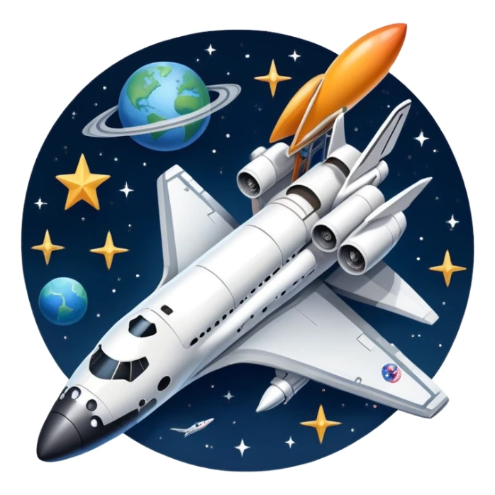 An icon featuring a space shuttle and an airplane against a starry sky, symbolizing aerospace technology. The design includes rocket boosters and satellite orbits, representing the exploration of space and advanced aviation. Transparent background sticker