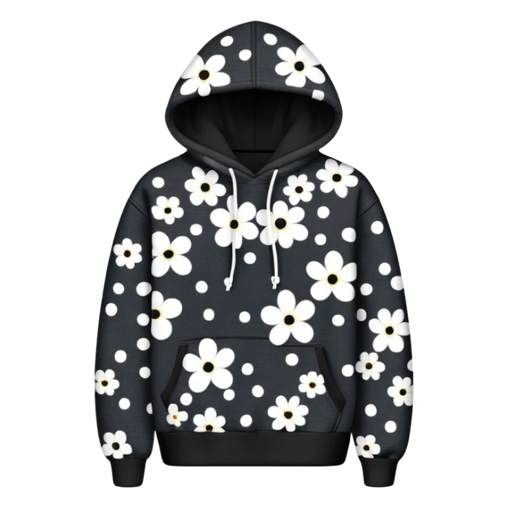 The BLACK Denim Tears Hoodie features a black base with distinctive white and black  open flower spots with empty space in the middle, These hollow ring-like patterns are scattered across. BLACK AND WHITE FLOWERS sticker