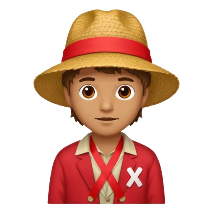 Make a guy with a straw hat and the hat has a red rebin and a red jacket and sandals and a x on he's chest sticker