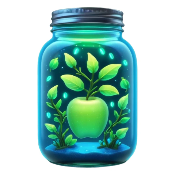 3D render of Firefly Jar, bioluminescent deep sea style, glowing neon blue and green lights, dark background to contrast the glow, translucent organic textures, Apple emoji style. sticker