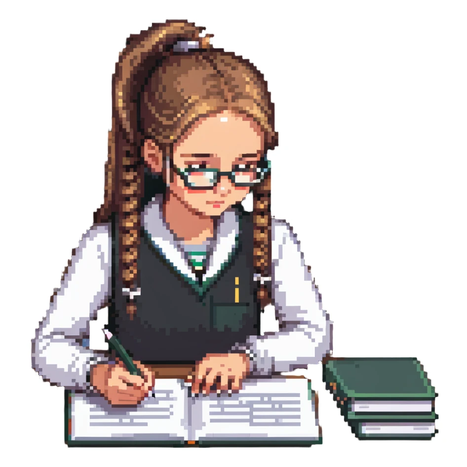 Girl with ponytail working on exam at desk with textbooks sticker