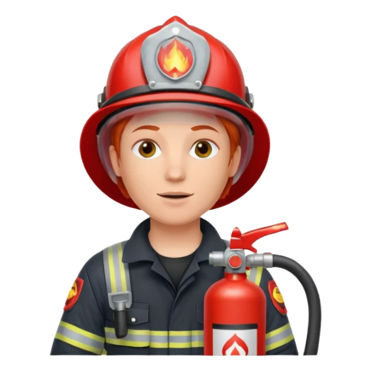 red haired Firefighter with respiratory protection with fire extinguisher sticker