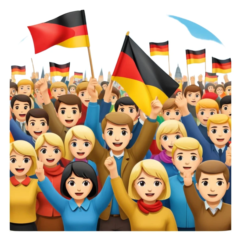 West German protest scene with people holding colorful protest signs, BRD flag, lively mood, 1960s sticker
