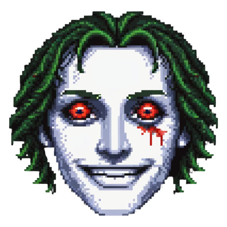 A pixelated face with droopy eyelids, bloodshot eyes, and a blissful smile - looking high and stoned sticker