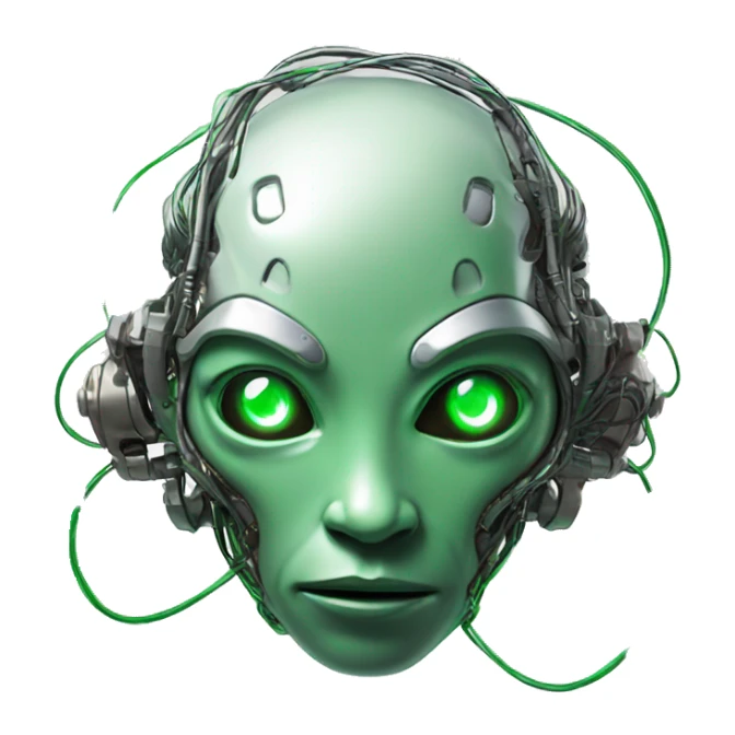 Round Alien cyborg head with glowing wires and green eyes  sticker