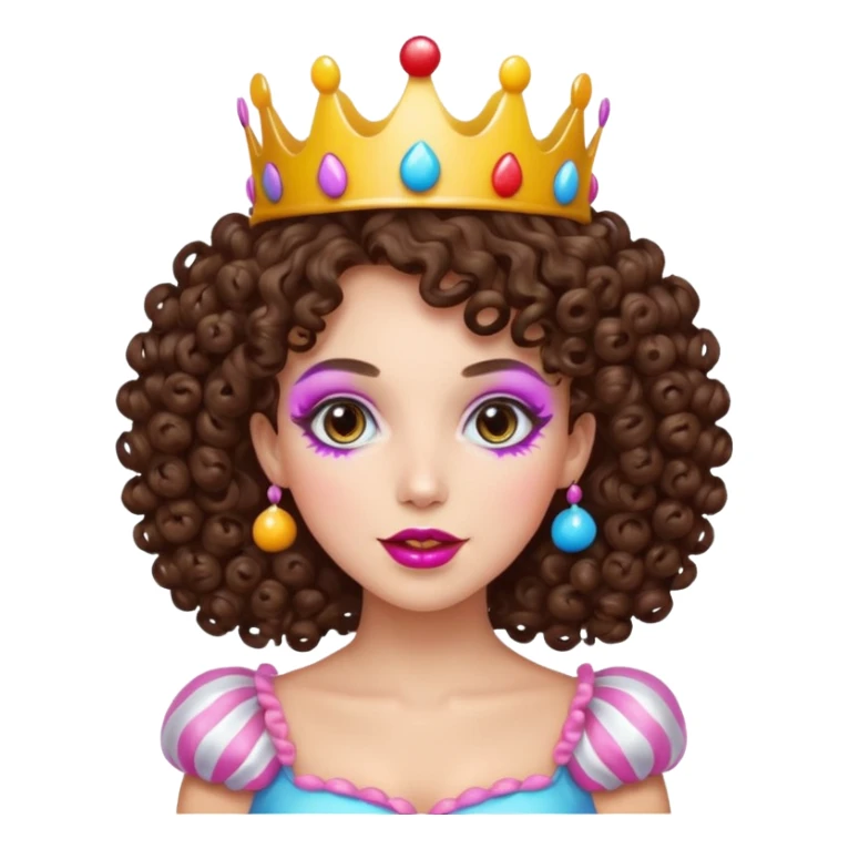 brunette curly haired queen of the candyland, with candy makeup candy crown and just face sticker