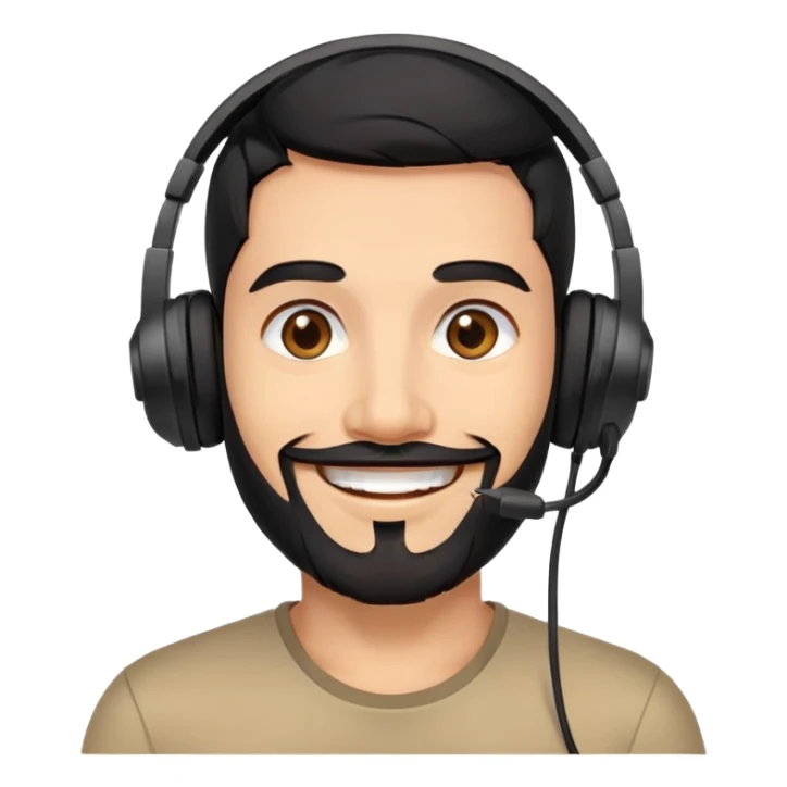 Happy smiling man with black hair, brown eyes, black beard wearing a gaming headset sticker