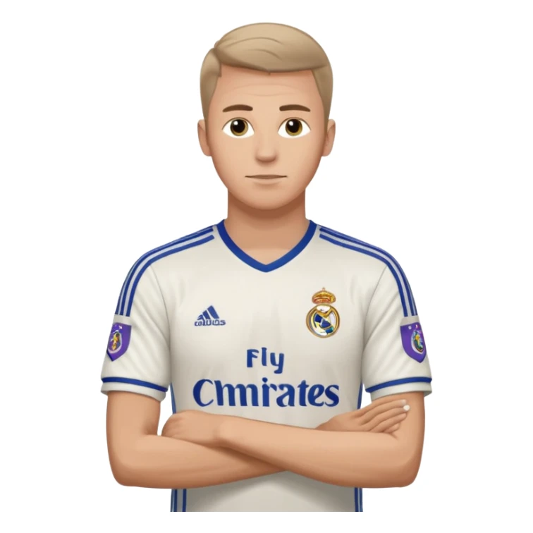 White male wearing Adidas Real Madrid jersey with Champions logo on sleeve sticker