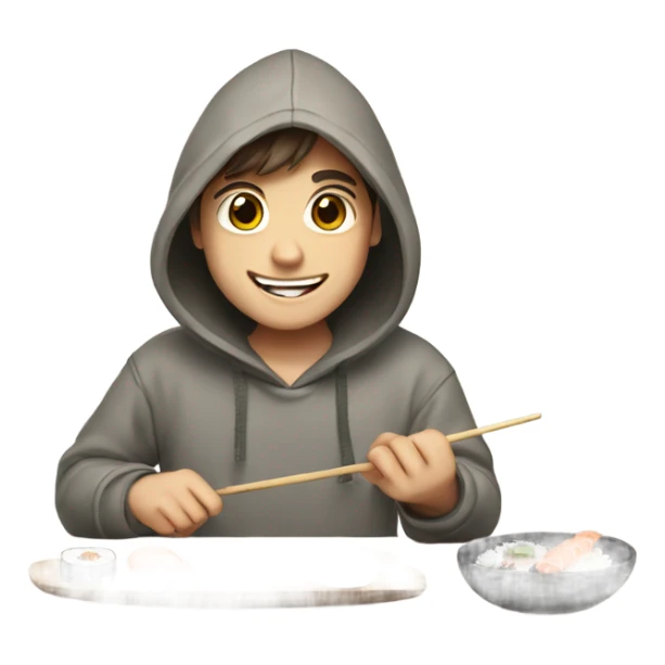 Happy boy with brown hair making sushi in a hoodie sticker