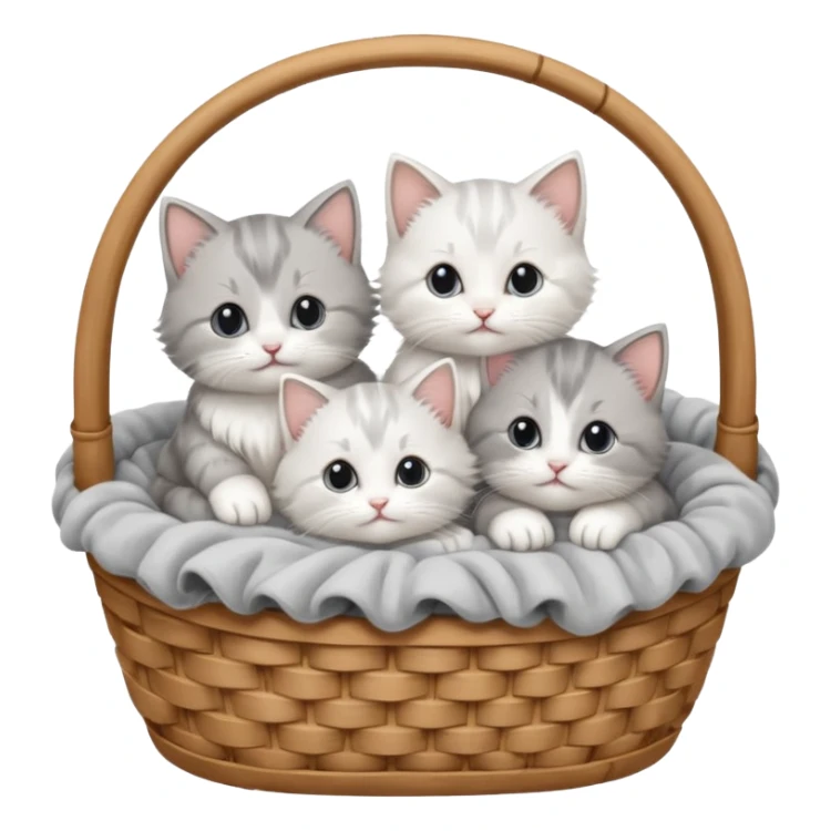 Ultra detailed, realistic, hd quality, fluffy long haired adorable white and gray newborn kitties in a wooden basket with a blanket sticker