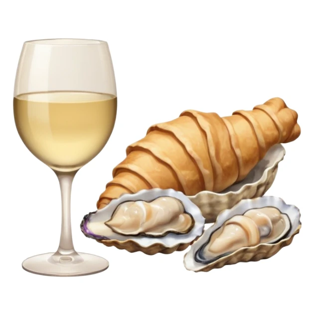 French cuisine humanless avatar in clean emoji-style illustration. 1 Croissant, oysters and wine glass, soft beige tones, simple shapes, flat design, refined and cozy. sticker