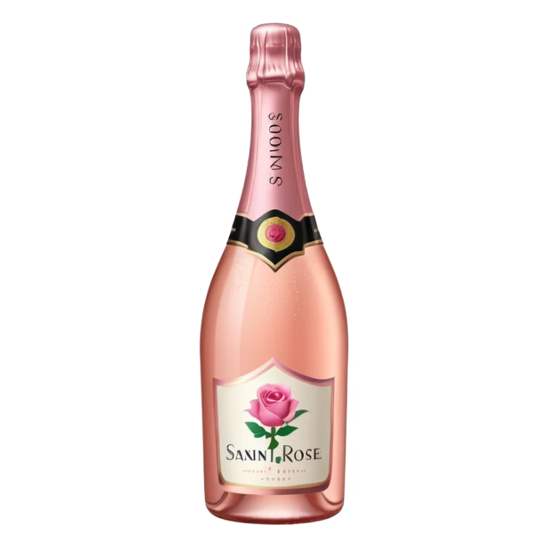 bottle of sparkling rosé champagne with a rose logo on the label, tilted up and to the right, no glass sticker